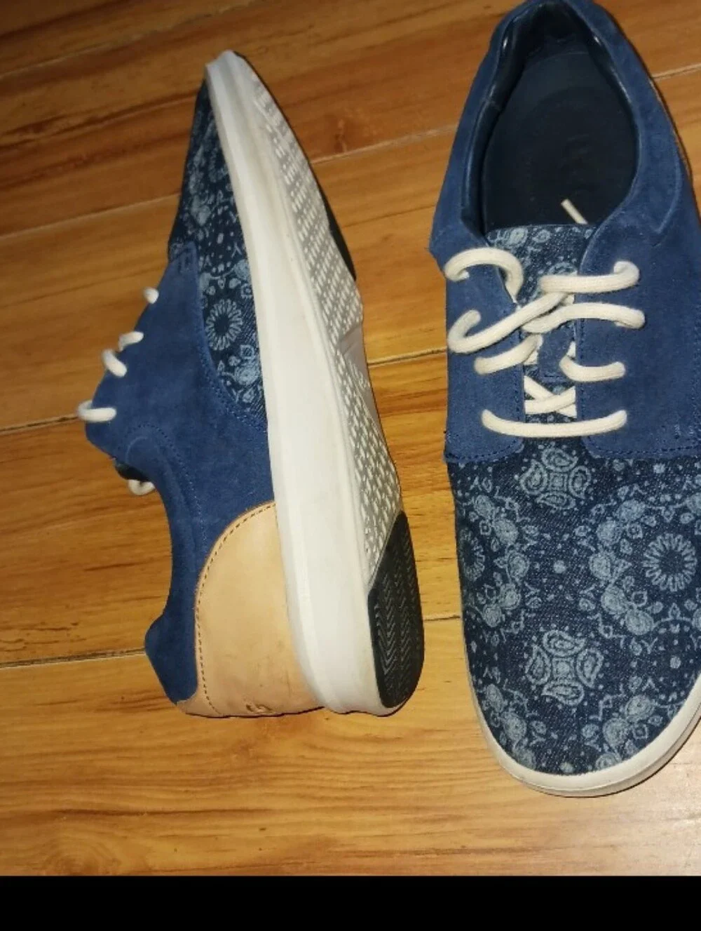 UGG Men's Navy Blue Suede & Patterned Canvas Sneakers with Tan Heel